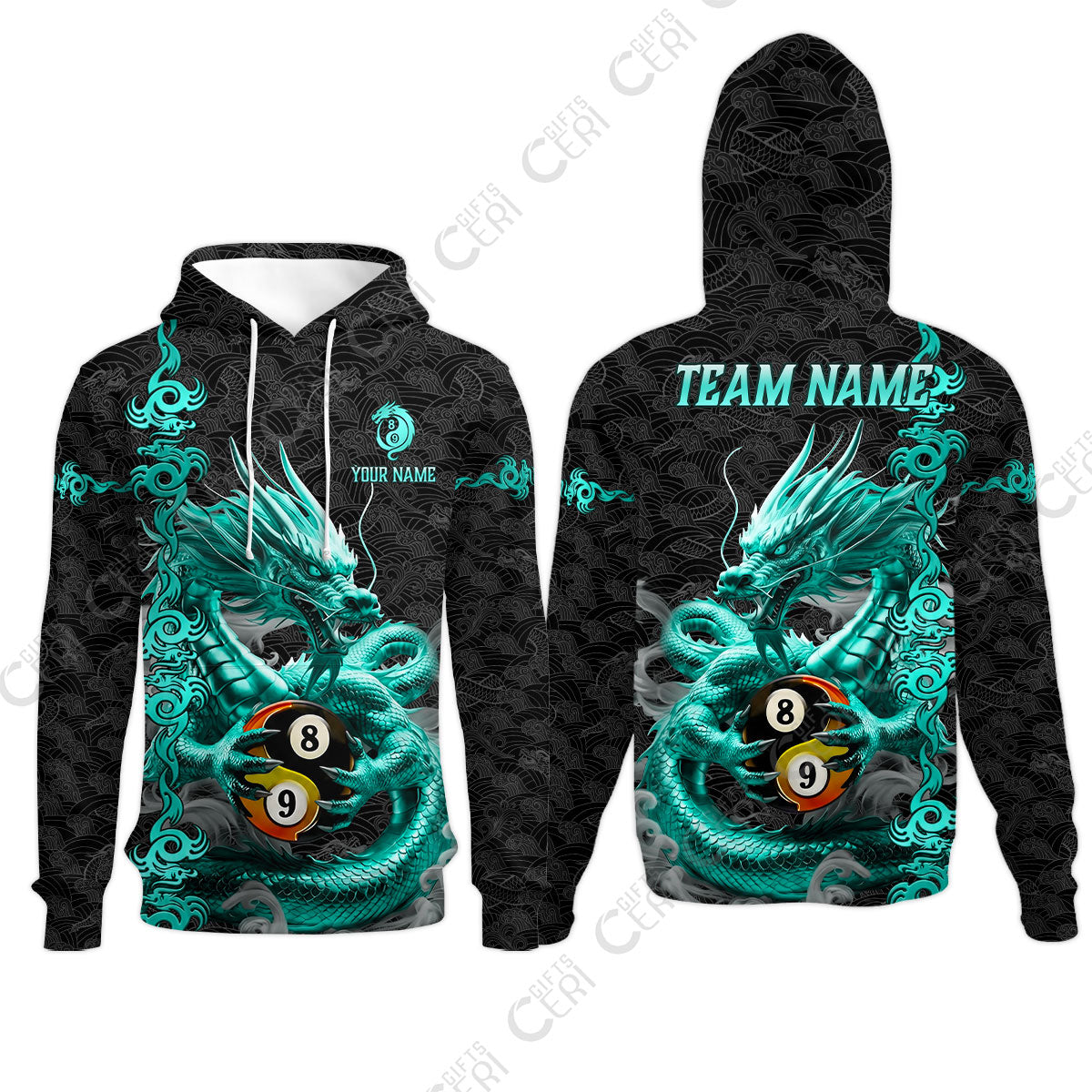 Customized Billiards Hoodies, Personalized Dragon Billiard Yin Yang 8 Ball 9 Ball Jersey Gift For Billiard Players
