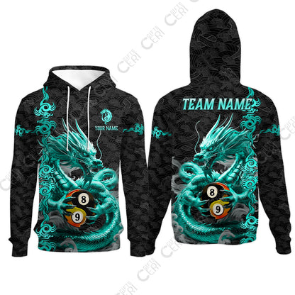 Customized Billiards Hoodies, Personalized Dragon Billiard Yin Yang 8 Ball 9 Ball Jersey Gift For Billiard Players