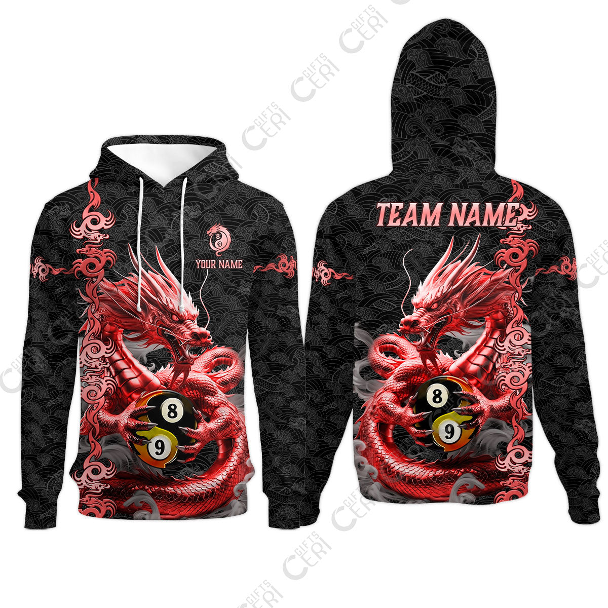 Customized Billiards Hoodies, Personalized Dragon Billiard Yin Yang 8 Ball 9 Ball Jersey Gift For Billiard Players