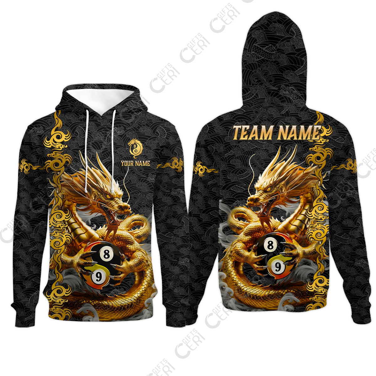 Customized Billiards Hoodies, Personalized Dragon Billiard Yin Yang 8 Ball 9 Ball Jersey Gift For Billiard Players