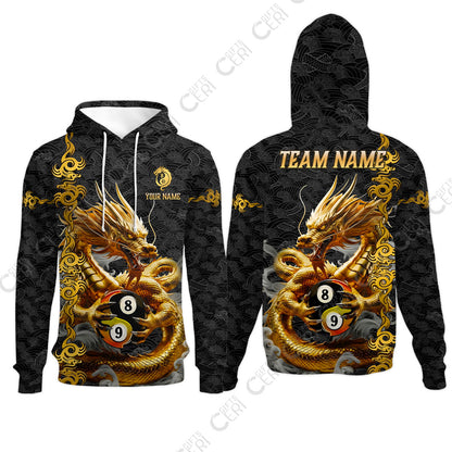 Customized Billiards Hoodies, Personalized Dragon Billiard Yin Yang 8 Ball 9 Ball Jersey Gift For Billiard Players