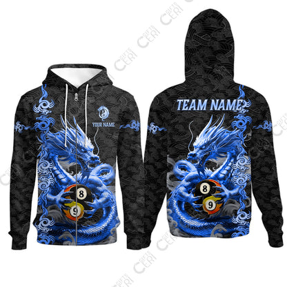 Customized Billiards Zip Hoodies, Personalized Dragon Billiard Yin Yang 8 Ball 9 Ball Jersey Gift For Billiard Players