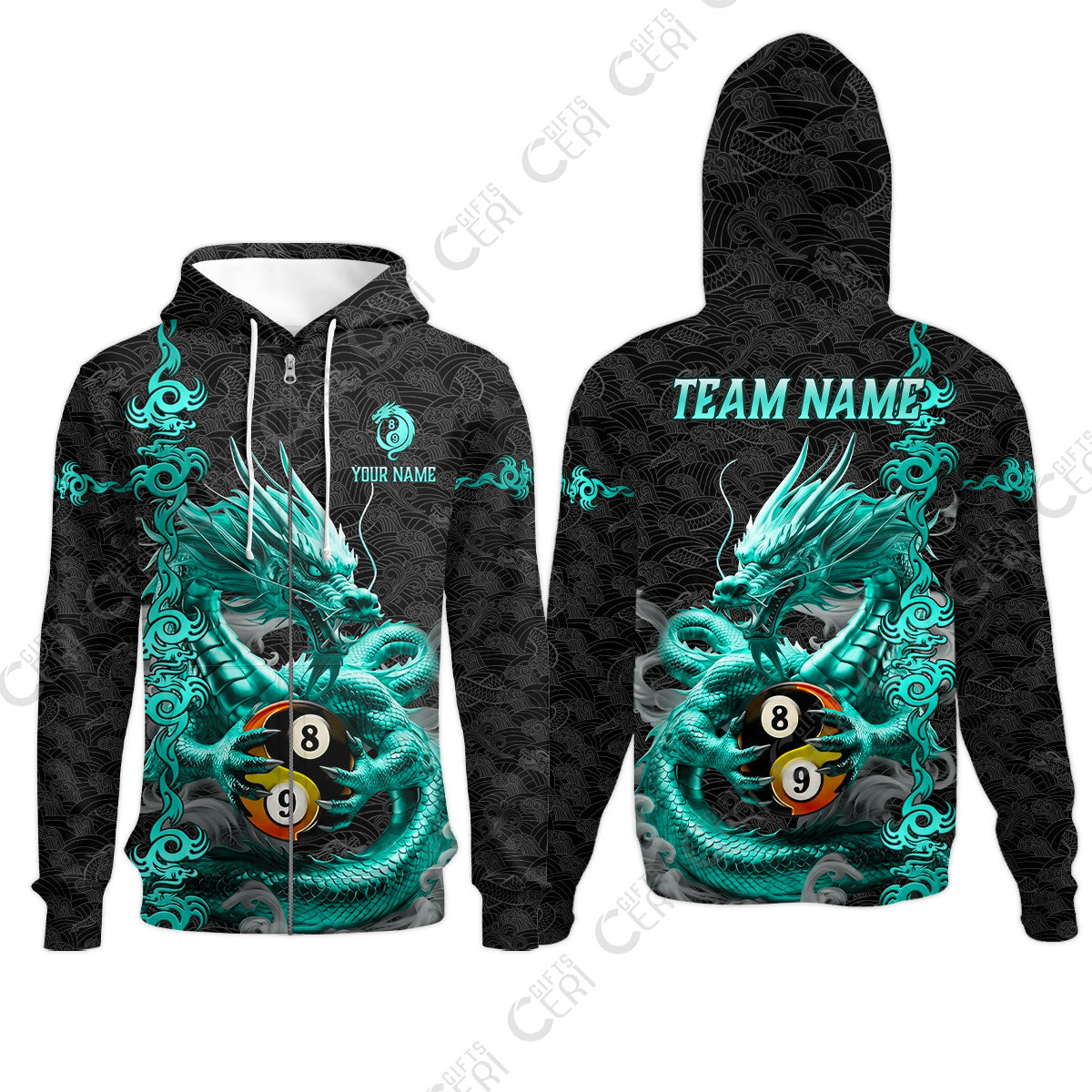 Customized Billiards Zip Hoodies, Personalized Dragon Billiard Yin Yang 8 Ball 9 Ball Jersey Gift For Billiard Players