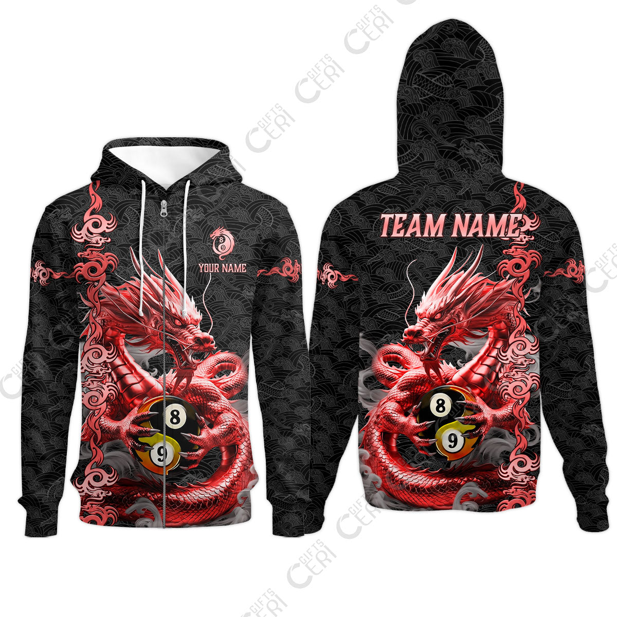 Customized Billiards Zip Hoodies, Personalized Dragon Billiard Yin Yang 8 Ball 9 Ball Jersey Gift For Billiard Players