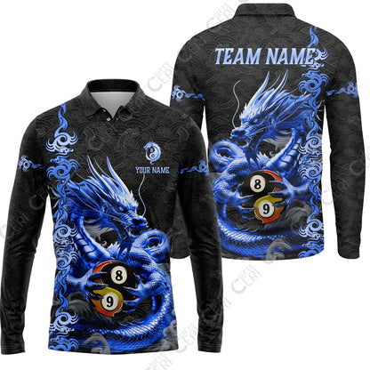 Customized Billiards Long Sleeve Polo Shirt, Personalized Dragon Yin Yang 8 Ball 9 Ball Jersey Gift For Billiard Players