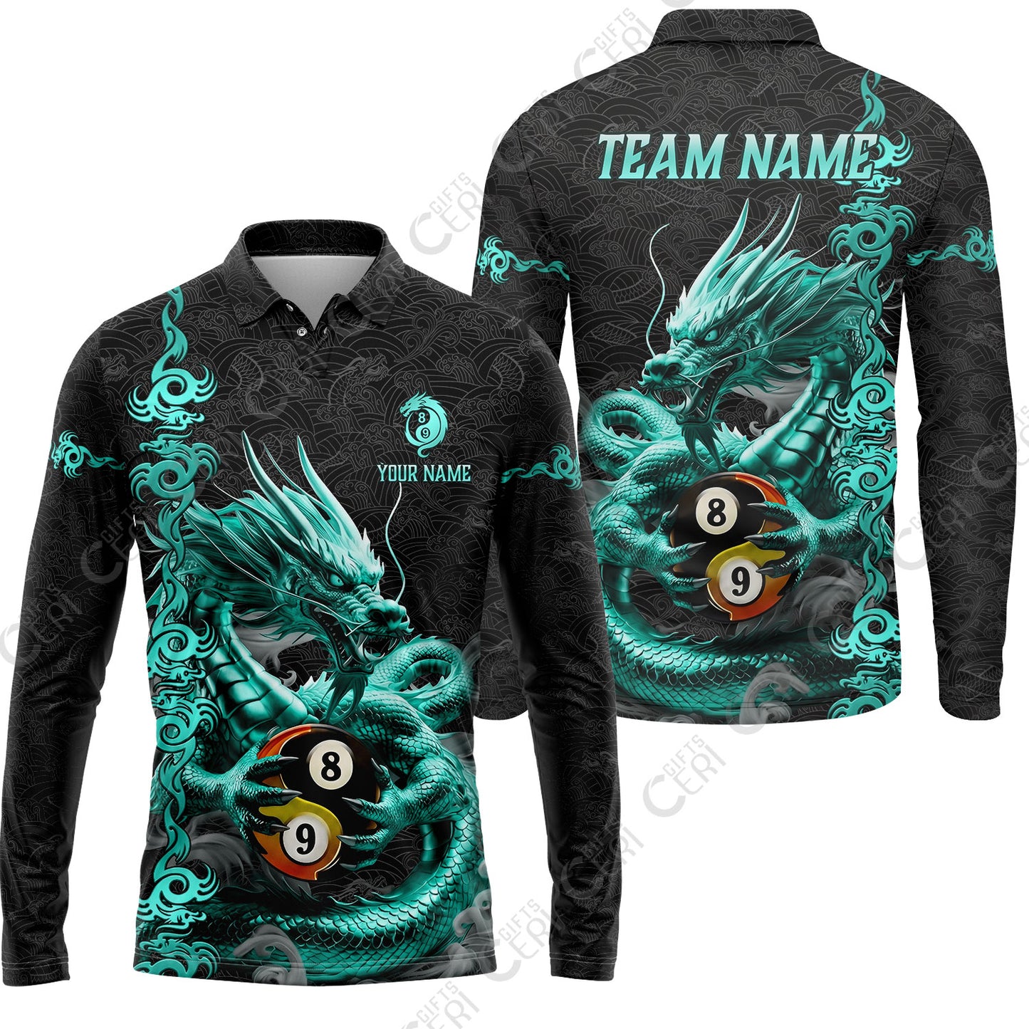 Customized Billiards Long Sleeve Polo Shirt, Personalized Dragon Yin Yang 8 Ball 9 Ball Jersey Gift For Billiard Players