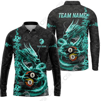 Customized Billiards Long Sleeve Polo Shirt, Personalized Dragon Yin Yang 8 Ball 9 Ball Jersey Gift For Billiard Players