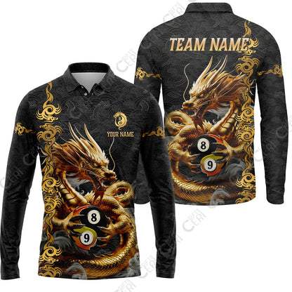 Customized Billiards Long Sleeve Polo Shirt, Personalized Dragon Yin Yang 8 Ball 9 Ball Jersey Gift For Billiard Players