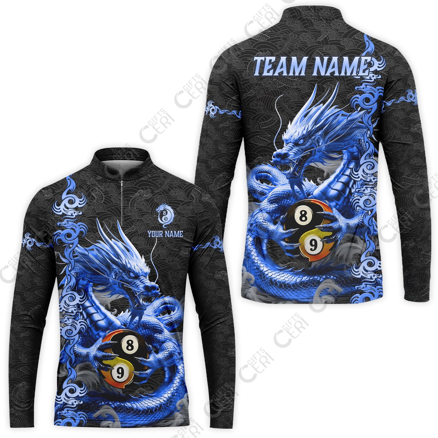 Customized Billiards Stand Collar Quarter-Zip Long Sleeve Jersey, Personalized Dragon Yin Yang 8 Ball 9 Ball Jersey