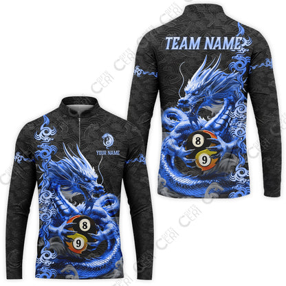 Customized Billiards Stand Collar Quarter-Zip Long Sleeve Jersey, Personalized Dragon Yin Yang 8 Ball 9 Ball Jersey