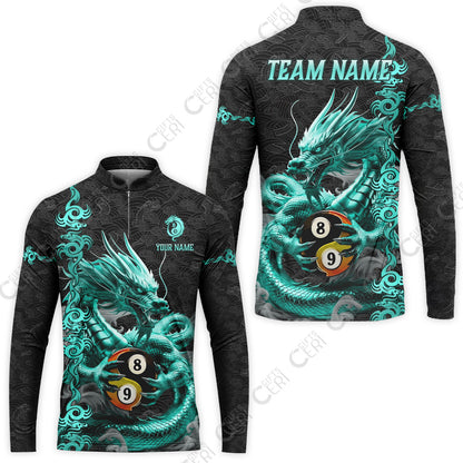 Customized Billiards Stand Collar Quarter-Zip Long Sleeve Jersey, Personalized Dragon Yin Yang 8 Ball 9 Ball Jersey