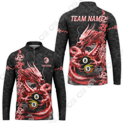 Customized Billiards Stand Collar Quarter-Zip Long Sleeve Jersey, Personalized Dragon Yin Yang 8 Ball 9 Ball Jersey