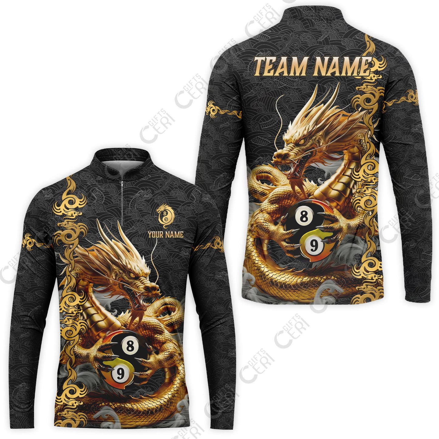 Customized Billiards Stand Collar Quarter-Zip Long Sleeve Jersey, Personalized Dragon Yin Yang 8 Ball 9 Ball Jersey