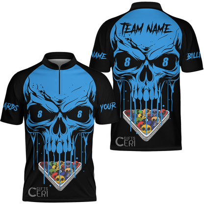 Customized Billiards Stand Collar Quarter-Zip Short Sleeve Jersey, Skull 8 Ball Jersey Gift For Billiard Players