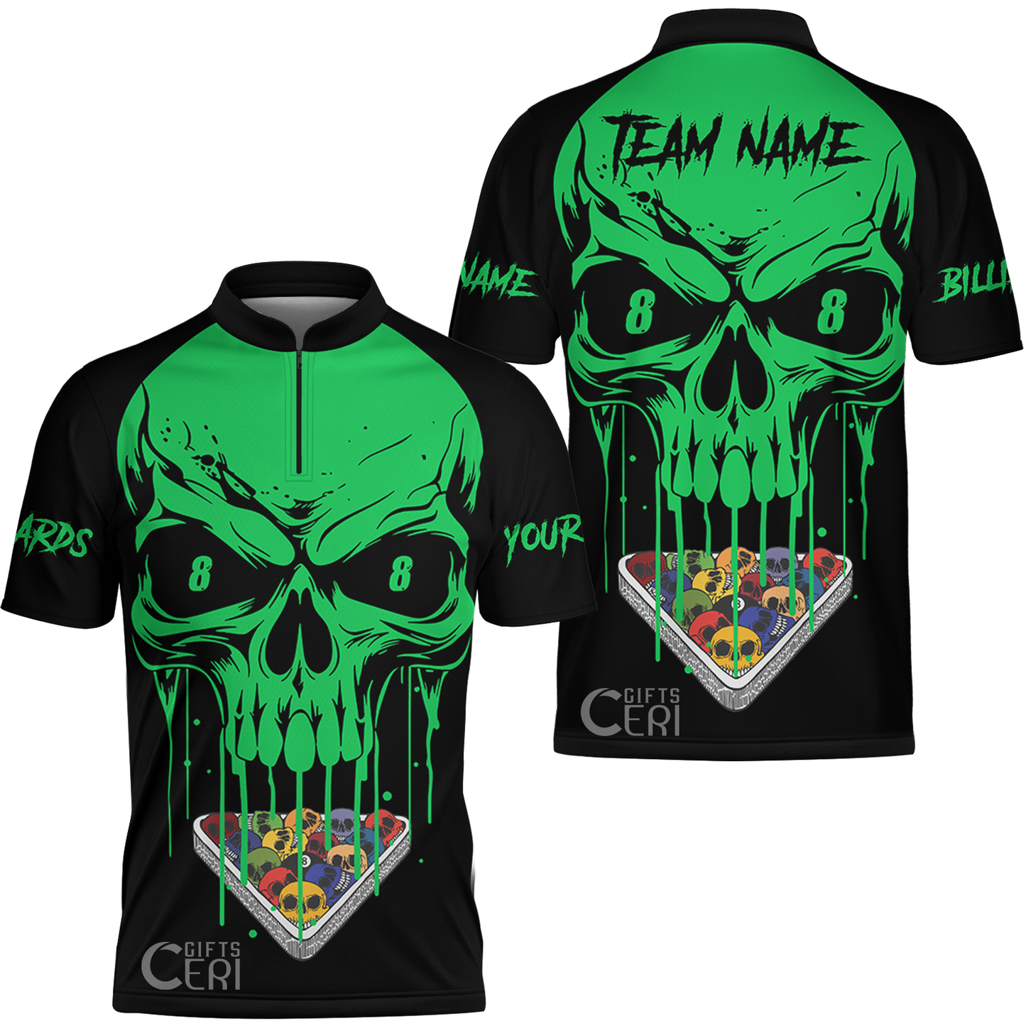 Customized Billiards Stand Collar Quarter-Zip Short Sleeve Jersey, Skull 8 Ball Jersey Gift For Billiard Players