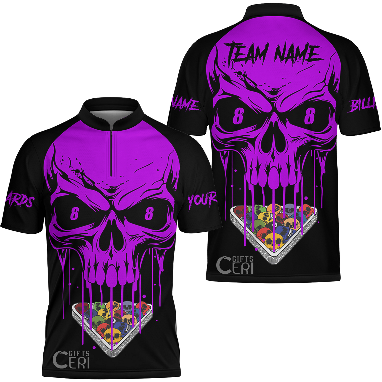 Customized Billiards Stand Collar Quarter-Zip Short Sleeve Jersey, Skull 8 Ball Jersey Gift For Billiard Players