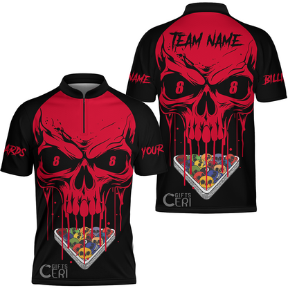 Customized Billiards Stand Collar Quarter-Zip Short Sleeve Jersey, Skull 8 Ball Jersey Gift For Billiard Players