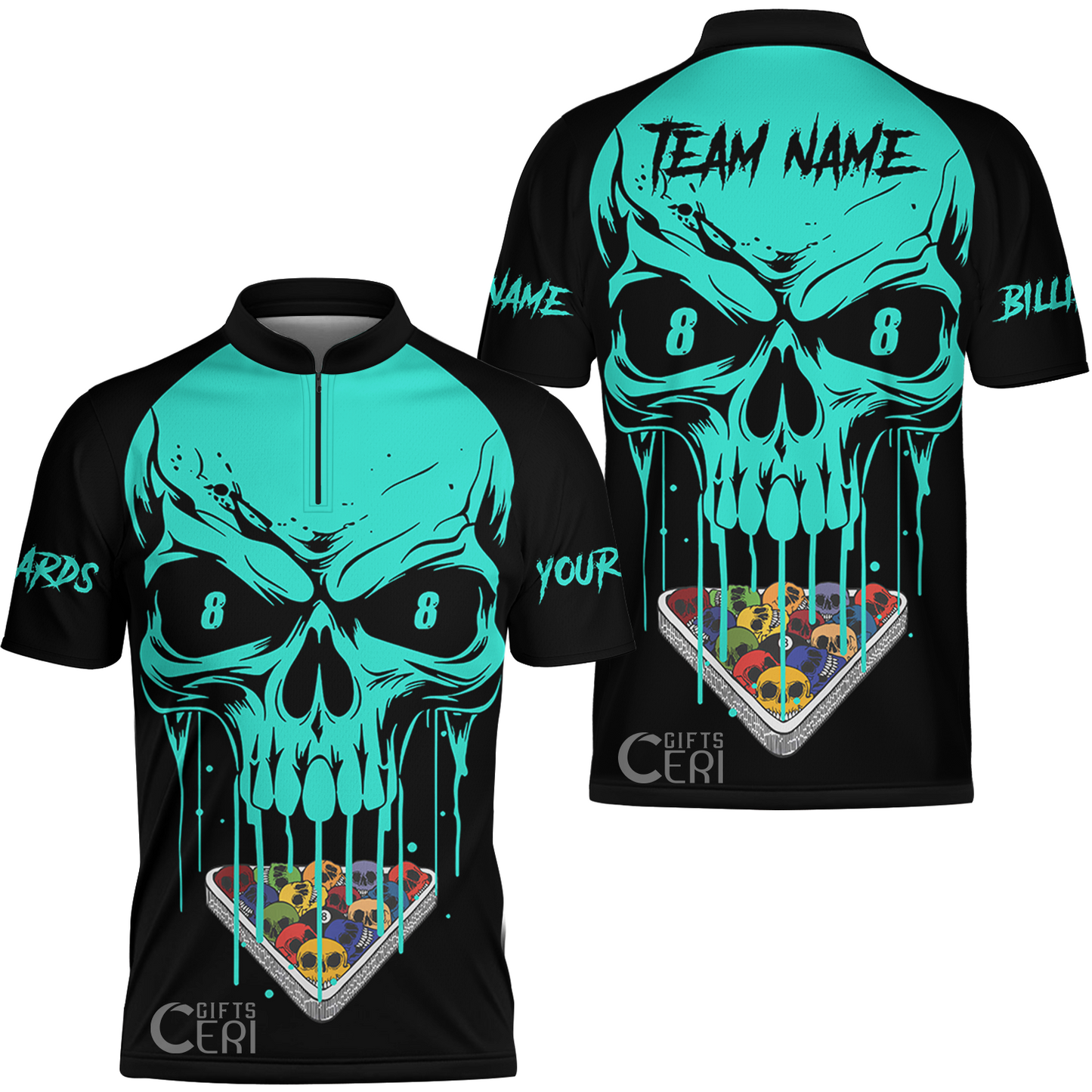 Customized Billiards Stand Collar Quarter-Zip Short Sleeve Jersey, Skull 8 Ball Jersey Gift For Billiard Players