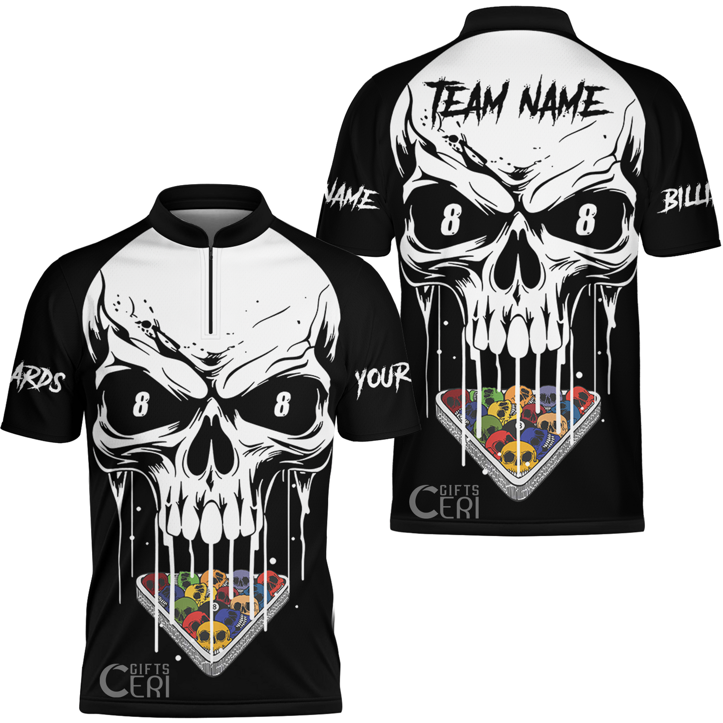 Customized Billiards Stand Collar Quarter-Zip Short Sleeve Jersey, Skull 8 Ball Jersey Gift For Billiard Players