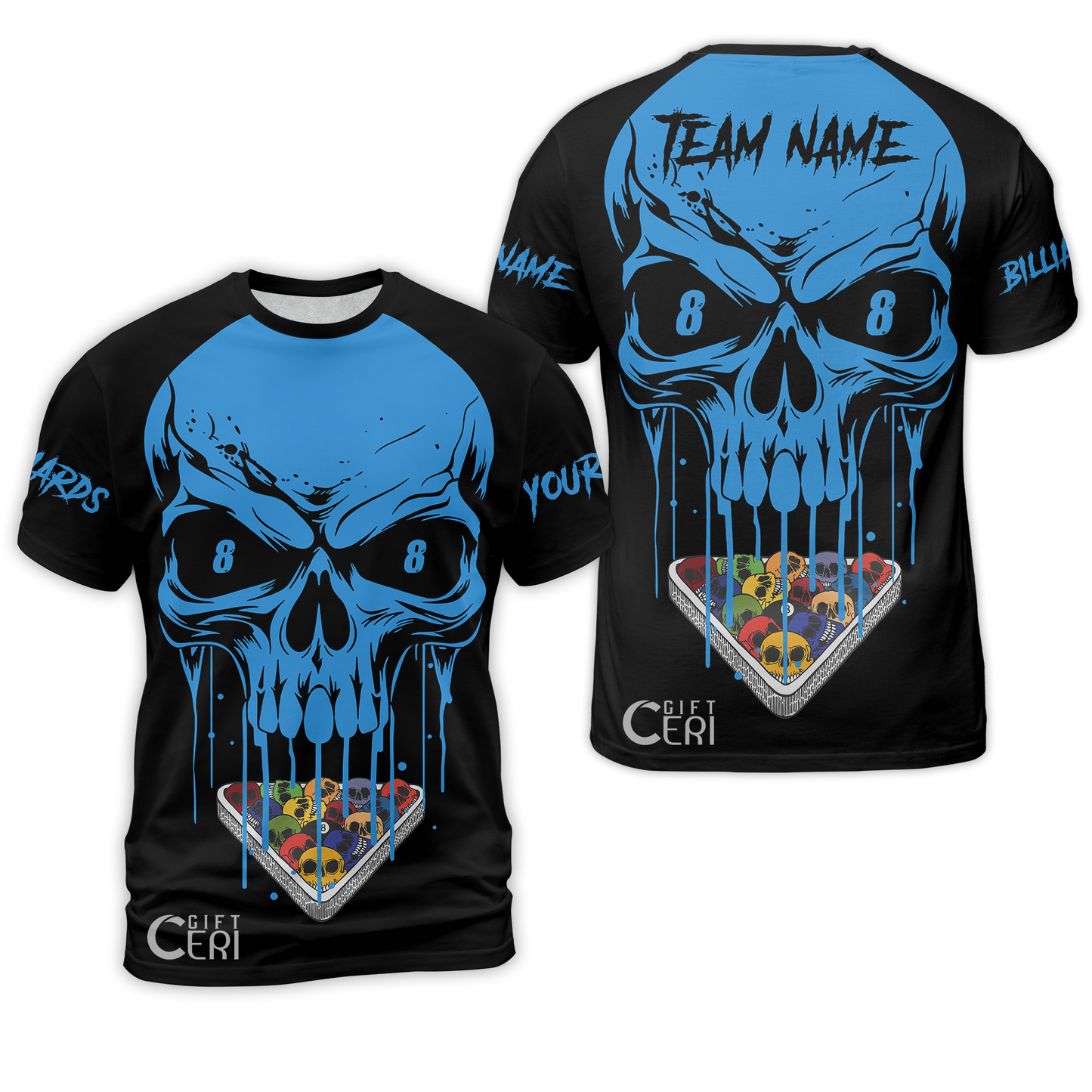 Customized Billiards T-Shirt, Personalized Skull 8 Ball Jersey Gift For Billiard Players