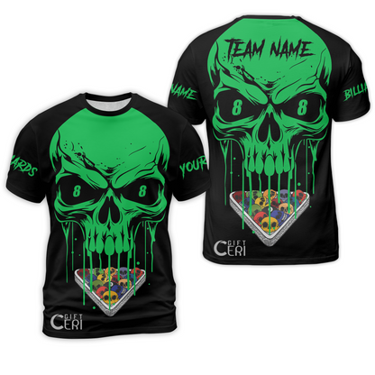 Customized Billiards T-Shirt, Personalized Skull 8 Ball Jersey Gift For Billiard Players