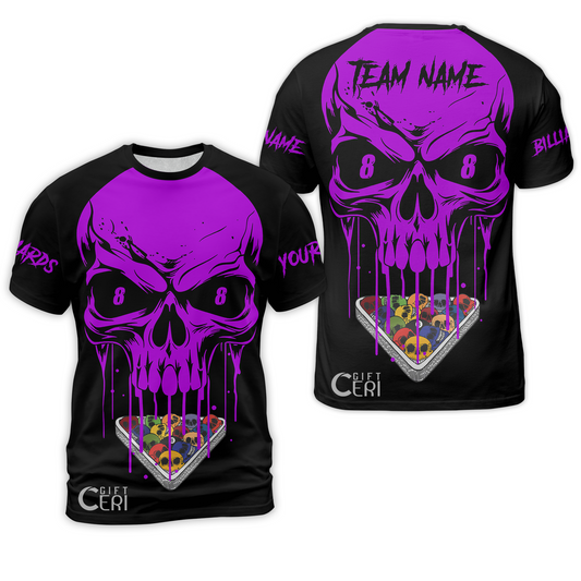 Customized Billiards T-Shirt, Personalized Skull 8 Ball Jersey Gift For Billiard Players