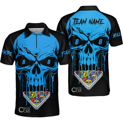 Customized Billiards Quarter-Zip Polo Shirt, Personalized Skull 8 Ball Jersey Gift For Billiard Players