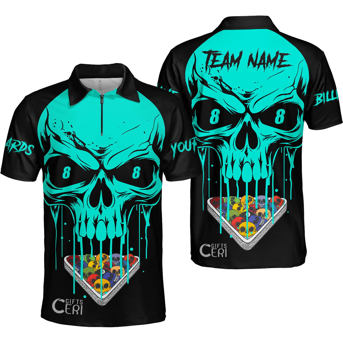 Customized Billiards Quarter-Zip Polo Shirt, Personalized Skull 8 Ball Jersey Gift For Billiard Players