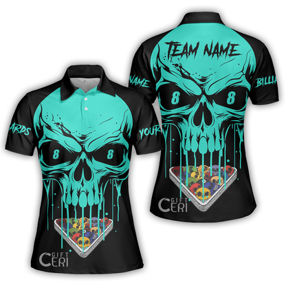 Customized Billiards Women Polo Shirt, Personalized Skull 8 Ball Jersey Gift For Billiard Players
