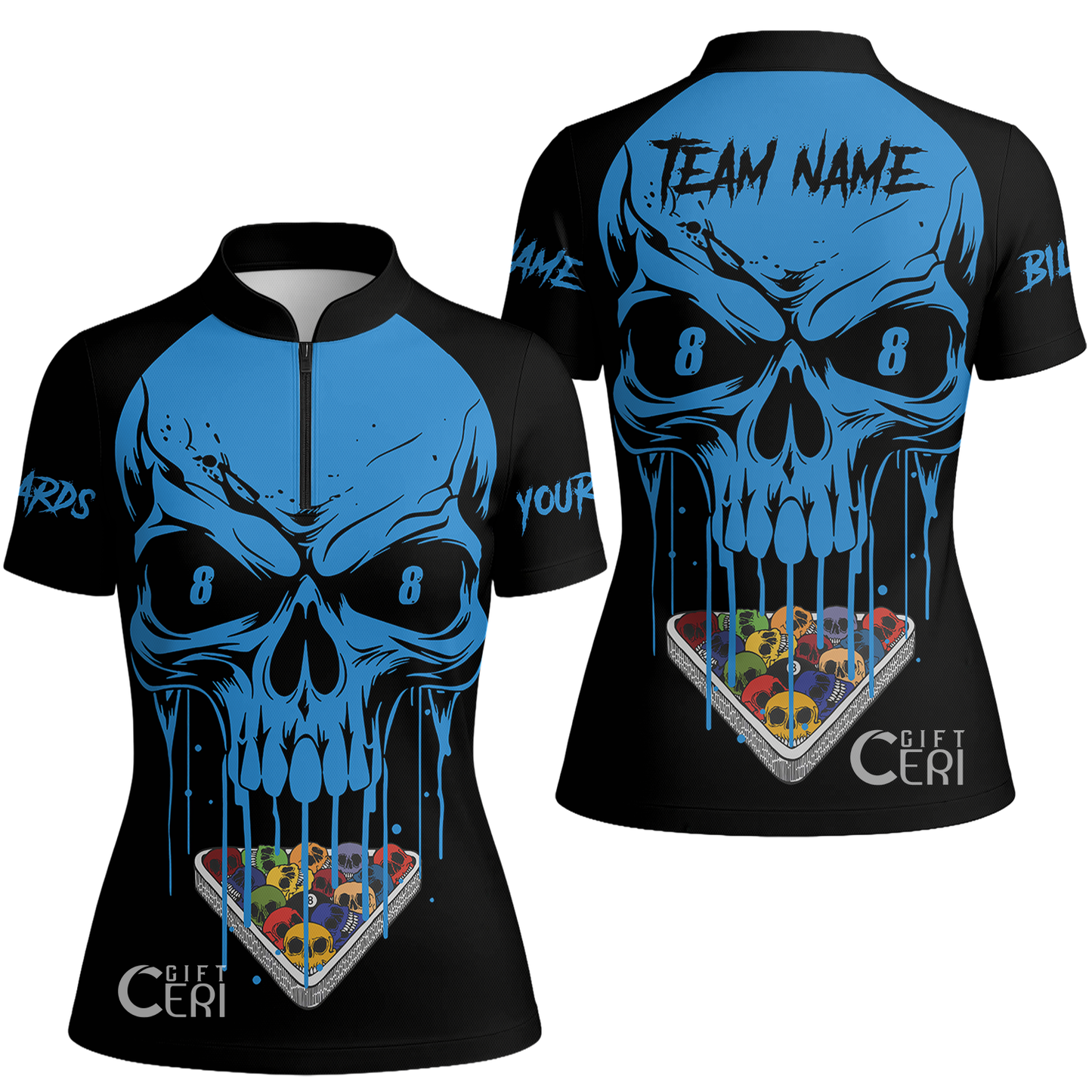 Customized Billiards Stand Collar Quarter Zip Short Sleeve Women's Shirt, Personalized Skull 8 Ball Jersey