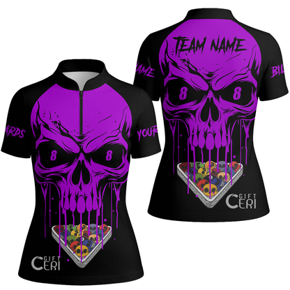 Customized Billiards Stand Collar Quarter Zip Short Sleeve Women's Shirt, Personalized Skull 8 Ball Jersey