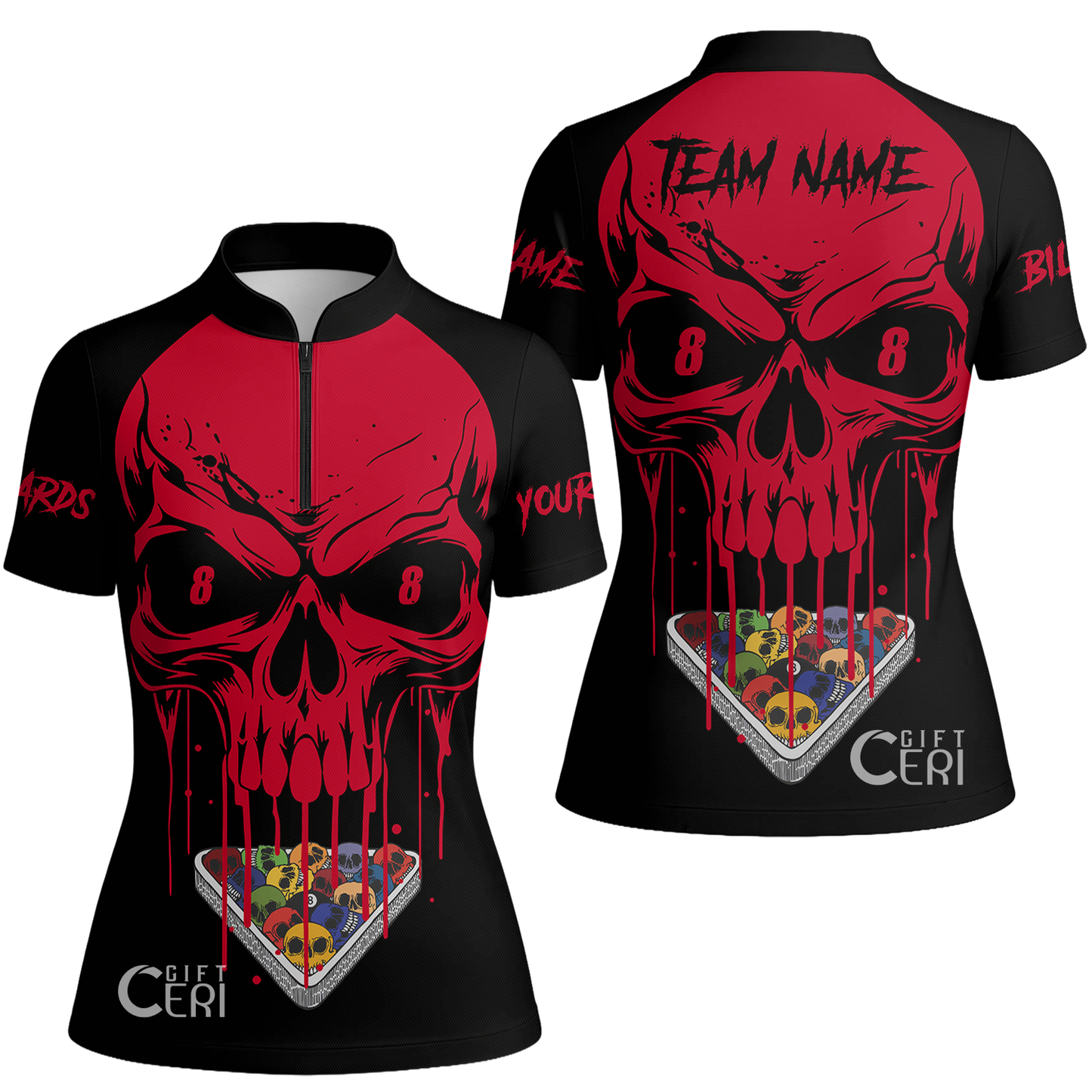 Customized Billiards Stand Collar Quarter Zip Short Sleeve Women's Shirt, Personalized Skull 8 Ball Jersey