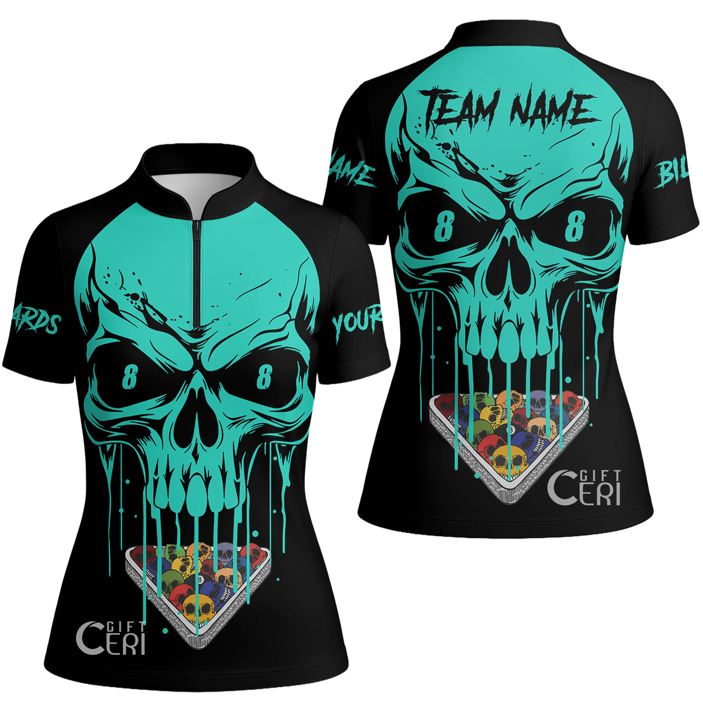 Customized Billiards Stand Collar Quarter Zip Short Sleeve Women's Shirt, Personalized Skull 8 Ball Jersey