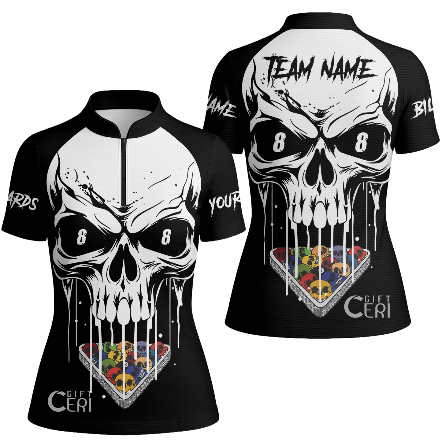 Customized Billiards Stand Collar Quarter Zip Short Sleeve Women's Shirt, Personalized Skull 8 Ball Jersey