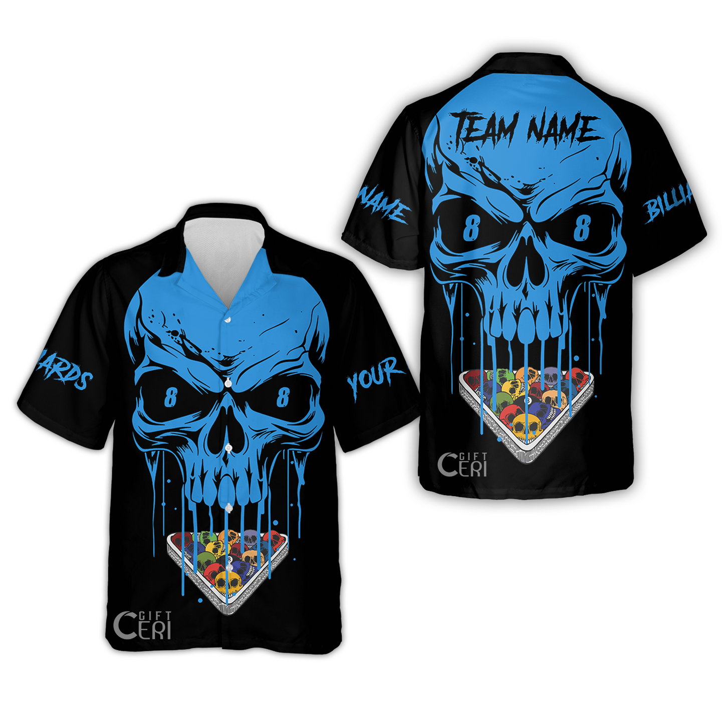Customized Billiards Hawaiian Shirt, Personalized Skull 8 Ball Jersey Gift For Billiard Players
