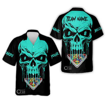 Customized Billiards Hawaiian Shirt, Personalized Skull 8 Ball Jersey Gift For Billiard Players