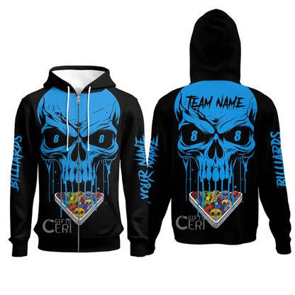 Customized Billiards Zip Hoodies, Personalized Skull 8 Ball Jersey Gift For Billiard Players