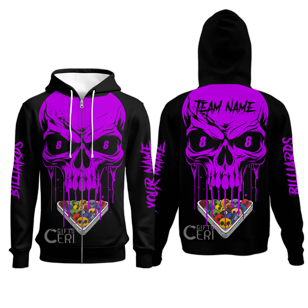 Customized Billiards Zip Hoodies, Personalized Skull 8 Ball Jersey Gift For Billiard Players