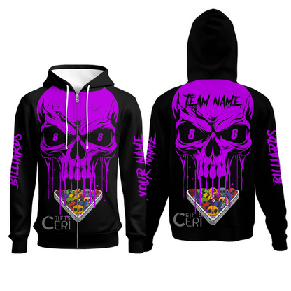 Customized Billiards Zip Hoodies, Personalized Skull 8 Ball Jersey Gift For Billiard Players