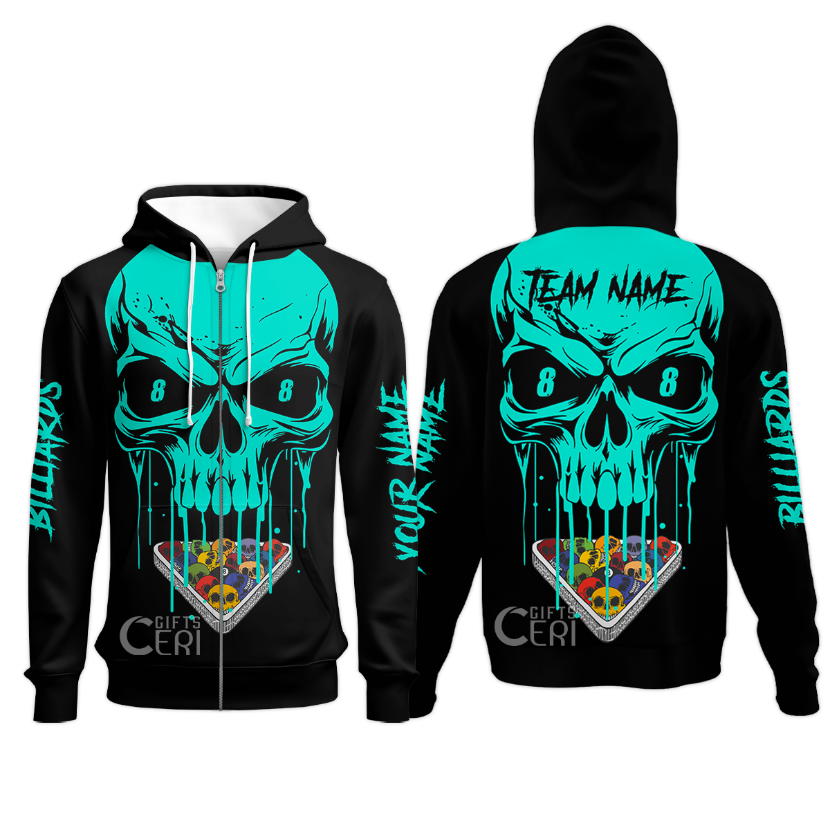 Customized Billiards Zip Hoodies, Personalized Skull 8 Ball Jersey Gift For Billiard Players