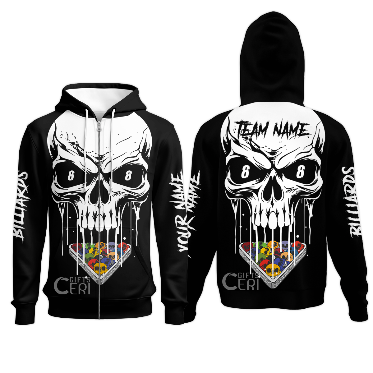 Customized Billiards Zip Hoodies, Personalized Skull 8 Ball Jersey Gift For Billiard Players
