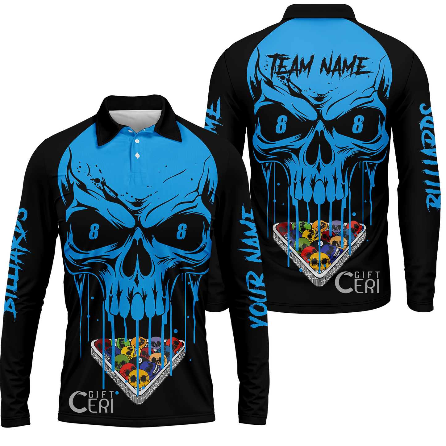 Customized Billiards Long Sleeve Polo Shirt, Personalized Skull 8 Ball Jersey Gift For Billiard Players
