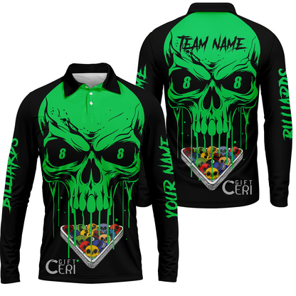 Customized Billiards Long Sleeve Polo Shirt, Personalized Skull 8 Ball Jersey Gift For Billiard Players