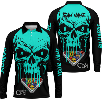 Customized Billiards Long Sleeve Polo Shirt, Personalized Skull 8 Ball Jersey Gift For Billiard Players