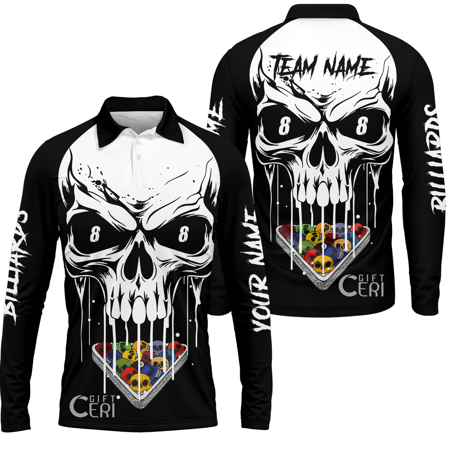 Customized Billiards Long Sleeve Polo Shirt, Personalized Skull 8 Ball Jersey Gift For Billiard Players
