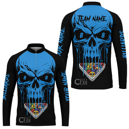 Customized Billiards Stand Collar Quarter-Zip Long Sleeve Jersey, Personalized Skull 8 Ball Gift For Billiard Players