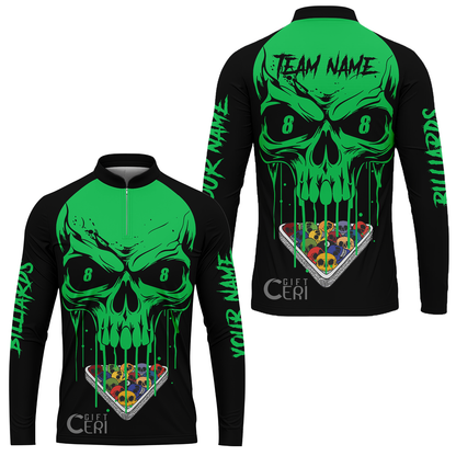 Customized Billiards Stand Collar Quarter-Zip Long Sleeve Jersey, Personalized Skull 8 Ball Gift For Billiard Players