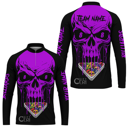 Customized Billiards Stand Collar Quarter-Zip Long Sleeve Jersey, Personalized Skull 8 Ball Gift For Billiard Players