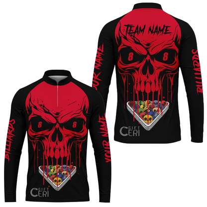 Customized Billiards Stand Collar Quarter-Zip Long Sleeve Jersey, Personalized Skull 8 Ball Gift For Billiard Players