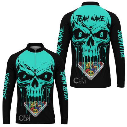 Customized Billiards Stand Collar Quarter-Zip Long Sleeve Jersey, Personalized Skull 8 Ball Gift For Billiard Players